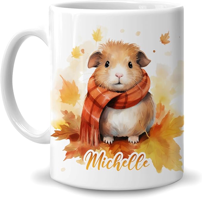Hyturtle Personalized Fall Guinea Pig Coffee Mug, Fall Autumn Décor | Birthday Gifts For Guinea Pig Lovers, Gift Ideas For Farmhouse Thanksgiving - Custom Name 11oz White Ceramic Coffee Tea Mug