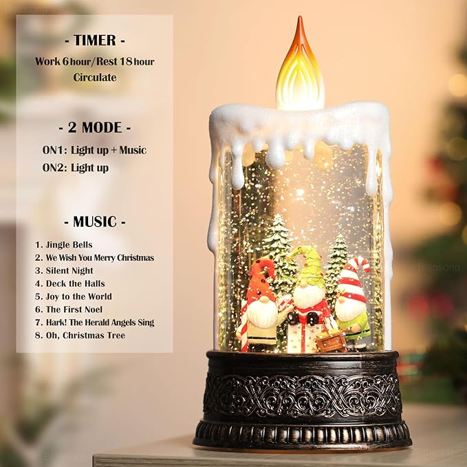 Gnome Snow Globe Candle Christmas Decorations Gifts Auto Snowfall Glitter Music Collection with 6H Timer USB/Battery Powered 9.7 inch