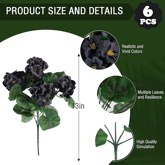 Hananona 6 Bundles Artificial Geranium Flowers for Outdoors Black Silk Geranium Flowers Outdoor UV Resistant Plants Faux Black Flower for Home Kitchen Halloween Table Centerpieces Decor (6, Black)