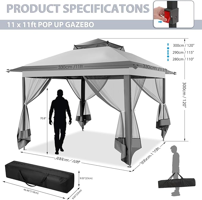 COBIZI 11x11 Pop Up Gazebo One-Push Canopy Tent, Carpas Para Patio, Outdoor Canopy Shelter with Double Roof Ventiation 121 Square Feet of Shade for Lawn, Garden, Backyard and Deck, Gray (Upgraded 2.0)