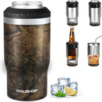 HAUSHOF 4-in-1 Insulated Can Cooler for 12oz Cans & Beer Bottle, Camo Green | Double-Wall Vacuum Insulated, 18/8 Stainless Steel, BPA-Free Lid, Slim Can Cooler for Camping, Beach & Picnic