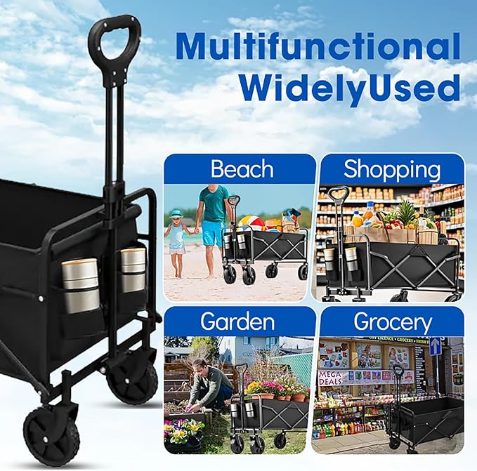 Wagons Carts Foldable, Collapsible Wagon with All-Terrain Wheels 420lbs Weight Capacity Heavy Duty Utility Wagon with Drink Holders for Beach, Garden, Camping, Shopping Groceries, Sports