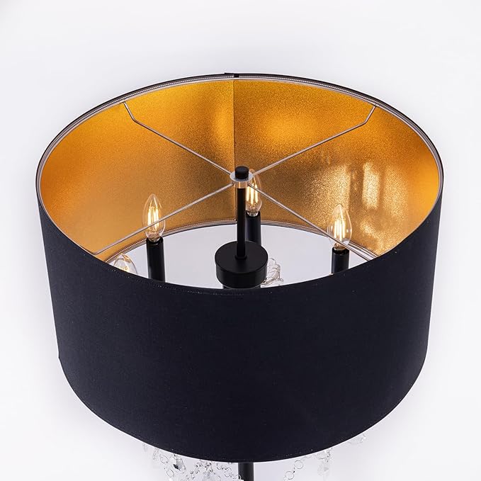 Wellmet Black Crystal Drum Shade Floor Lamp, 6 Light Black Gold Shade, Candle Base, for Living Room, Bedroom, Reading Room, Hallway, Corridor