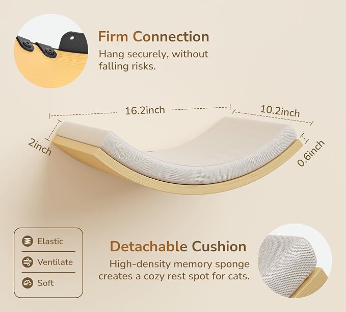 Cat Window Perches, Curved Cat Wall Beige Bed and 2 Floating Wall Steps, Wall Mounted Climbing Shelves for Sleeping, Playing, and Lounging
