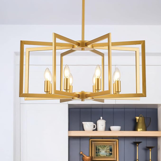 Modern Farmhouse Gold Chandeliers for Dining Room, 8-Light Industrial Metal Chandeliers Geometric Pendant Lights Kitchen Island for Entryway Stairway Foyer Hallway