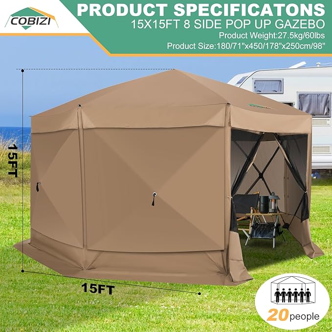 COBIZI 15x15ft Extra Large Pop Up Gazebo Canopy Tent with Mosquito Netting, Spacious Easy Set-Up Screened Shelter, Durable Outdoor Pavilion with Ground Stakes, Perfect for Patio, Backyard, Khaki