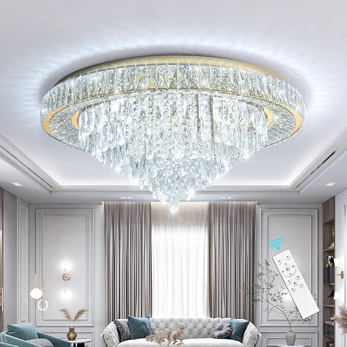 Modern Crystal Chandeliers for Living Room Ceiling Light Fixture LED Dimmable Lamp with Remote Pendant Lighting Flush Mount Ceiling Light for Dining Room Bedrooms Foyer
