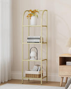 Bookcase Bookshelf, Tempered Glass Arched Bookshelf for More Storage, Slim Shelving Unit for Bedroom, Bathroom, Home Office, Steel Frame, 4 Tier Gold BC20499G