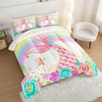 HOSIMA Mermaid Comforter with 2 Pillowcases,Girly Rainbow Bedding Set Glitter Pink Mermaid Tail Comforter Set,Flower Fairies Rose Gold Comforter Set,Floral Full Size Bed in a Bag Set.