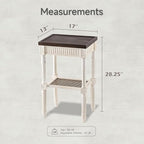Rustic Farmhouse Cottagecore Accent End Table, Distressed Accent Side Table with Espresso Tray Top and Woven Wicker Shelf, Boho, French Country Decor, Square, Weathered Brown & White