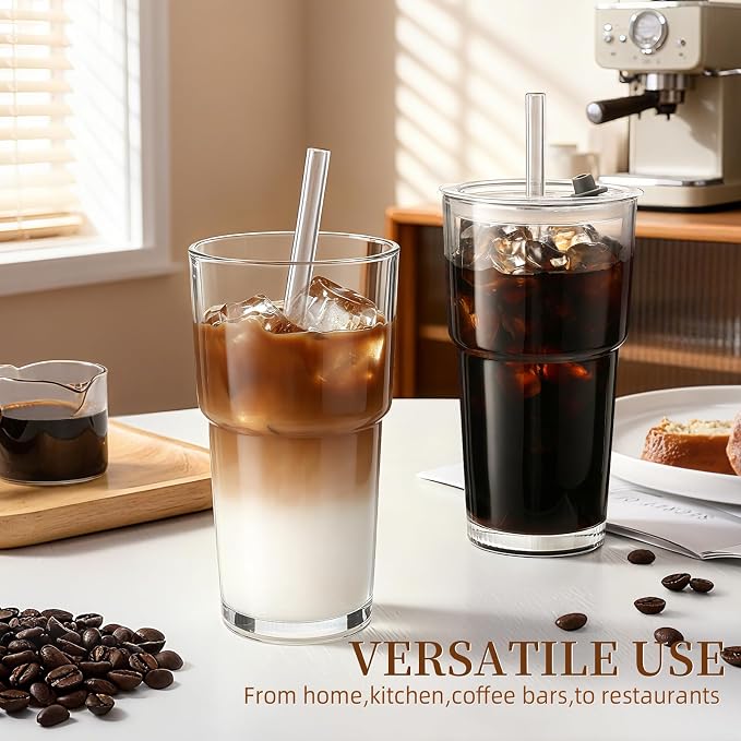 Iced Coffee Cups with Lids 2Pcs: Coffee Bar Accessories - Glass Tumbler with Straw and Lid 20oz - Vintage Glass Cups with Lids and Straws - Tumbler Leak Proof Aesthetic Drinkware for To Go Iced Coffee