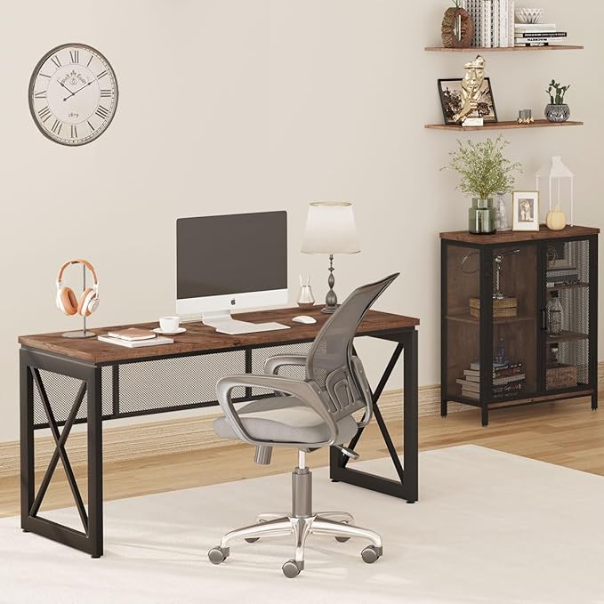 BON AUGURE 60 Inch Computer Desk for Home Office, Industrial Metal Wood Desk, Farmhouse Large Writing Desk, Modern Sturdy Gaming Desk (Rustic Oak)