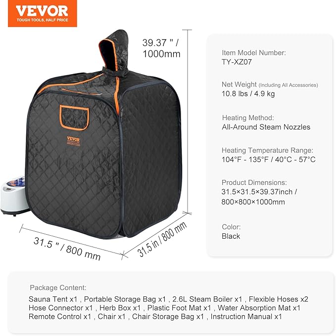 VEVOR Portable Personal Steam Sauna Spa Tent with 1200 Watt Steam Generator, with Chair & Storage Bag, Home Therapeutic Sauna Blanket for Detox Relaxation, Time & Temperature Remote Control, Black