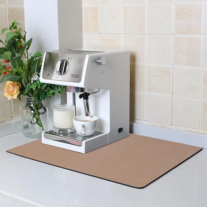 ZLR Coffee Bar Mat for Keurig & Nespresso, 12"x16" Small, Brown | Absorbent Dish Drying Mat, Stain-Hiding PU Leather Top, Non-Slip Rubber Back, Heat-Resistant, Fits Frother & Pour-Over