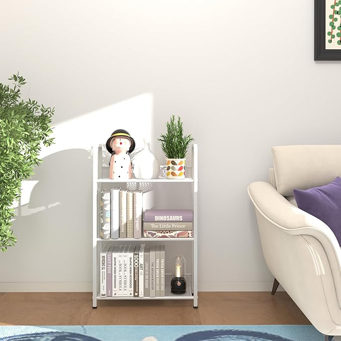 Bookshelf Storage Shelf Bookcase Freestanding Storage Stand Book Organizer for Living Room, Bedroom, Kitchen, Rust Resistance,Easy Assembly Multi-Functional Organizer(3 Tiers,White)