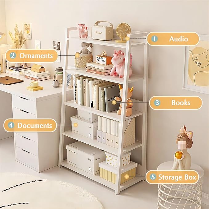 IOTXY 5-Tier Ladder Shelf Bookcase - Wood and Metal Modern Standing Bookshelf, Open Book Shelves Storage Rack, for Home Office, Living Room, Kitchen, Bedroom, Black