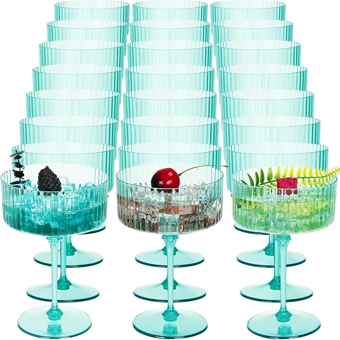 Jingmore 24 Pcs Ribbed Martini Glasses 10 oz Disposable Plastic Vintage Ribbed Coupe Glasses Unbreakable Dessert Parfait Glassware for Wedding Birthday Party Supplies (Light Green)