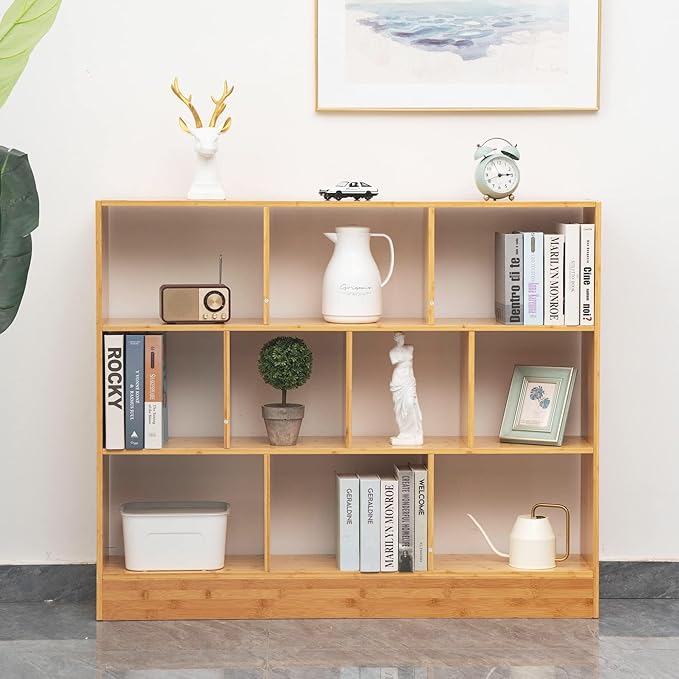 Maydear 47.24” Bamboo Bookshelf, 3 Tier Open Shelf Bookcases 10-Cube Bookshelf with Base, Freestanding Book Storage Organizer Display Shelf for Bedroom, Living Room, Home Office