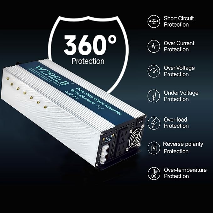 WZRELB 2500W Pure Sine Wave Inverter, Car Power Inverter 24V DC to 110V 120V AC Converter for RV, Truck, Solar, Outdoor with Dual AC Outlets, Hardwire Port, Surge 5000W, LED Display,Off-Grid
