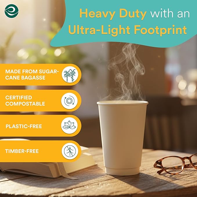 ECO SOUL 100% Compostable Plant-Based 8oz Hot Cups | (100 Count, 8 oz Hot Cups) | Disposable Bagasse Paper Cups | Eco-friendly Cups | Sturdy, Microwave & Oven Safe