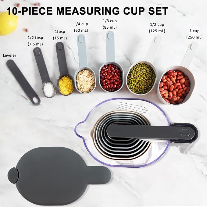 Stackable 10-Piece Measuring Cups and Spoons Set with Lids | BPA-free & dishwasher safe. Kitchen gadgets for cooking & baking. Dust-proof nested utensils for dry or liquid food.