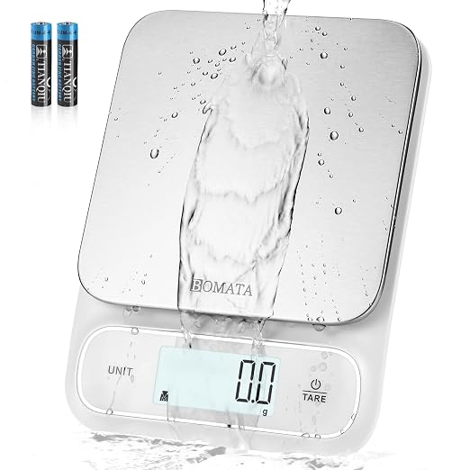 BOMATA Waterproof IPX6 Kitchen Scale, 0.1 g/0.01 oz High Precision, 5 kg/11 lbs, Digital Scale with Backlight, Stainless Steel Weighing Platform, for Food, Cooking, Baking, Weight Loss.. B619, White
