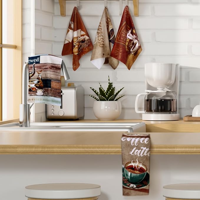 Boyiee Set of 6 Coffee Kitchen Towels Brown Dish Towels 24 x 16 Inches Absorbent Decorative Dish Cloths Retro Hand Accessories for Coffee Bar Decor Housewarming Gifts Wedding Shower Decoration