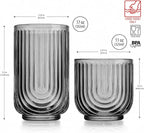16 Piece Smoke Glassware Set, Beautiful Art Deco Black Drinking Glasses, Ribbed U-Shape Design, 8 Highball 17oz and 8 Whiskey 11oz DOF Handwash Only