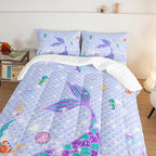 HOSIMA Mermaid Tail Comforter Set 3Pcs with 2 Pillowcases,Purple Fish Scales Bedding Set for Girls Kids Women,Cartoon Ocean Life Sea Animal Queen Comforter Set Mermaid Room Decor