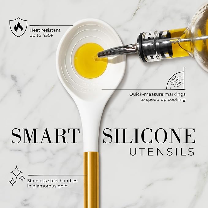 Styled Settings White and Gold Kitchen Utensils with Holder, 8-Piece | Heat Resistant, Nonstick, White Silicone Cooking Utensils Set, Ceramic Utensil Holder & Stackable Gold Spoon Rest