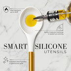 Styled Settings White and Gold Kitchen Utensils with Holder, 8-Piece | Heat Resistant, Nonstick, White Silicone Cooking Utensils Set, Ceramic Utensil Holder & Stackable Gold Spoon Rest