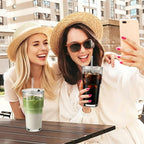 Iced Coffee Cups with Lids 2Pcs: Coffee Bar Accessories - Glass Tumbler with Straw and Lid 20oz - Vintage Glass Cups with Lids and Straws - Tumbler Leak Proof Aesthetic Drinkware for To Go Iced Coffee