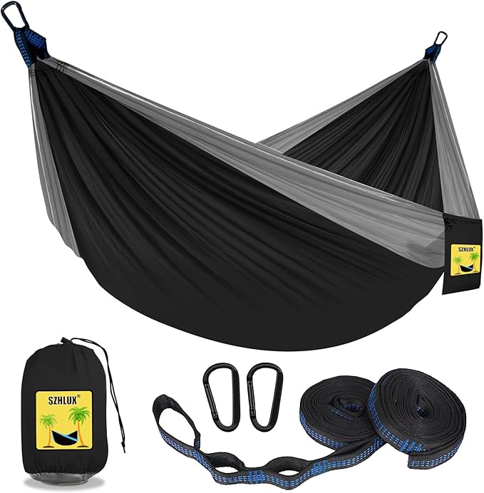 SZHLUX Camping Hammock Double & Single Portable Hammocks with 2 Tree Straps and Attached Carry Bag,Great for Outdoor,Indoor,Beach,Camping,Black & Grey, Large