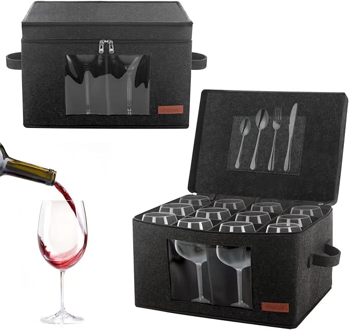 Foyego Wine Glass Storage Box with 24 Dividers, Dark Gray, 2 Pack | Visible Window, Soft Handles, for Packing and Moving, Stackable Storage Containers for Stemware, Glassware, Crystal Glasses