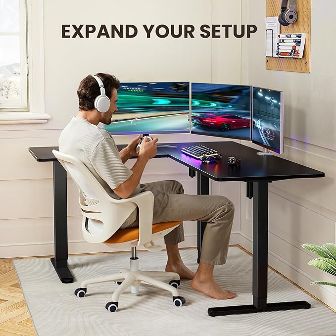 ErGear 63" Dual Motor L Shaped Standing Desk, 28"-46" Electric Height Adjustable, 2 Assembly Options to Fit Room Corner, Suitable for Sitting or Standing Up for Working or Gaming from Home, Black