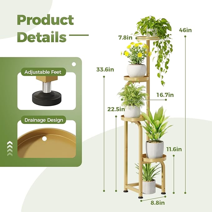 Bamworld Corner Plant Stand Indoor Outdoor, Tall Metal Flower Pot Stands for Multiple Plants, 4 Tier Gold Heavy Duty Plant Shelf for Patio Garden Balcony Living Room Bedroom(Patent Design)