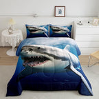 Kids Comforter Set for Boys Girls,3D Shark Fish Down Comforter 3 Piece Hawaiian Beach Theme Bedding Quilted Duvet Set Ocean Sea Animal Pattern Blue Duvet Insert for Toddler Teen Bedroom Decor,King