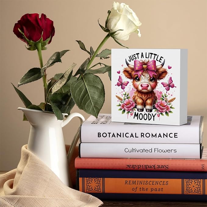 Cute Highland Cow Baby Decor, Cow With Pink Bow, Highland Cow Gifts for women, Highland Cow Decor, Highland Cow Nursery Decor, Wooden Box Decor Sign for Home Farmhouse Office Living Room Table Shelf