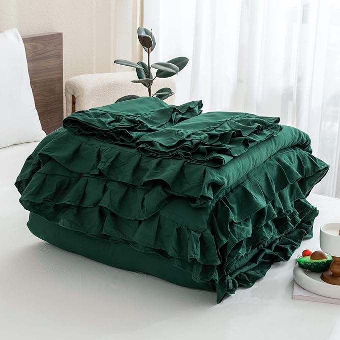 Andency Dark Emerald Green Comforter Set Queen, 3 Pieces Solid Ruffle Farmhouse Bedding Set for Queen Bed, Lightweight Soft Ruffled Bed Comforter Set for All Seasons
