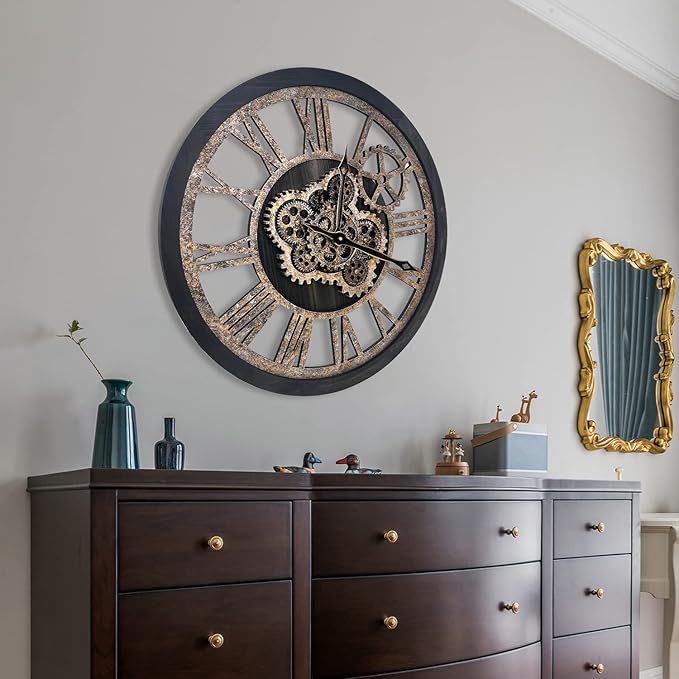 HOIBAI Wall Clock, Large Wall Clocks for Living Room Decor 18 Inch Battery Operated Silent Non-Ticking Modern Farmhouse Vintage Roman Big Wall Clock for Home Bedroom House, Moving Gears Clock