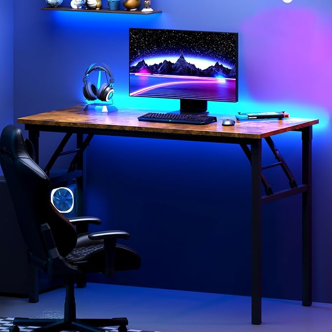 DlandHome 31.5 Inch Small Folding Computer Desk for Home Office, Retro | Foldable Writing Table for Small Spaces Bedroom, No Assembly Required, Wood Top Metal Frame, Collapsible Compact Easy Storage
