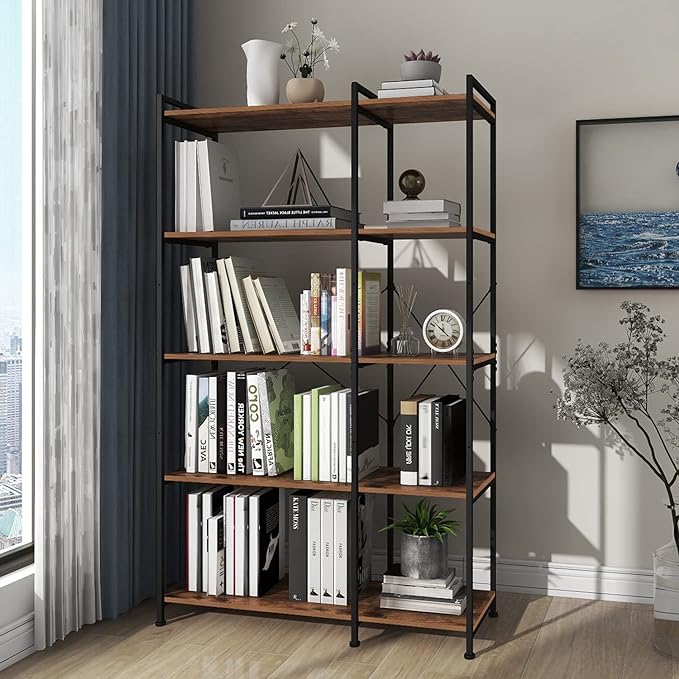 Bookshelf 5 Tier Deformable Corner Bookcase Free Standing Modern Industrial Book Storage Display Book Shelf for Bedroom Living Room Study Room Office (Brown)