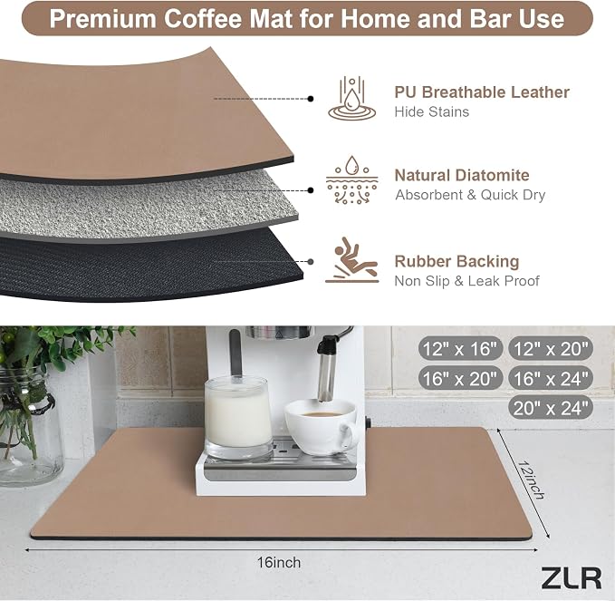 ZLR Coffee Bar Mat for Espresso Machine, 12"x20" Medium, Brown | Absorbent Dish Drying Mat, Stain-Hiding PU Top, Non-Slip Back, Fits Grinder, Knock Box, Tamper & Milk Frother