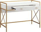 Leick Home Claudette Mixed Metal and Wood Flat Wall Computer Office Writing Desk with Drop Front Keyboard Drawer, White/Satin Gold, 32.13" W