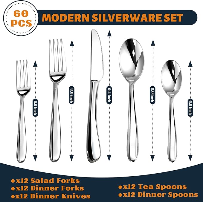 Silverware Set for 12, Heavy Duty Stainless Steel Cutlery Set Flatware Set,60 Piece Premium Silverware, Mirror Polished Modern Cutlery include Fork Knife Spoon Set,Dishwasher Safe