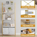 5 Tier Industrial Bookcase Shelf for Bedroom/Living Room/Home Office,Rustic Tall Storage Rack with 2 Drawers,Open Display Standing Shelf Units Shelves for Books and Movies, 22.4 in (Gold,2 Drawers)
