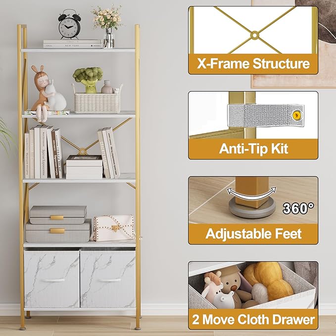 5 Tier Industrial Bookcase Shelf for Bedroom/Living Room/Home Office,Rustic Tall Storage Rack with 2 Drawers,Open Display Standing Shelf Units Shelves for Books and Movies, 22.4 in (Gold,2 Drawers)