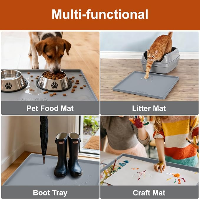 ukeetap 19" x 19" Extra Thick Silicone Mat Waterproof with Raised Edge, Under Sink Mat for Kitchen & Bathroom, Kitchen Cabinet Liner, Multi-Purpose for Storage & Protection, Gray
