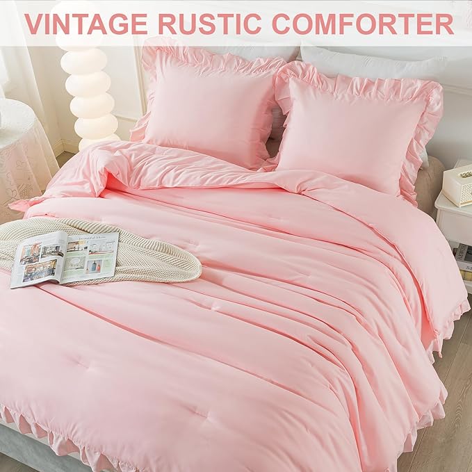 Andency Pink Ruffle Comforter Set Twin, 2 Pieces Kids Comforter Set Twin(66x90Inch), Lightweight Soft Girls Shabby Chic Bedding Comforter Set All Season Bed Set