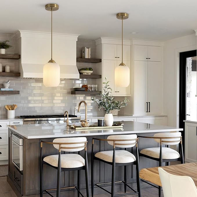 KCO Lighting Brass Gold Mini 5.5” Ribbed Cylinder White Glass Pendant Light | Adjustable Cord E26 Hardwired Hanging Lamp Mid Century Modern Vintage Hanging Light for Kitchen Island Bedroom Dining Room